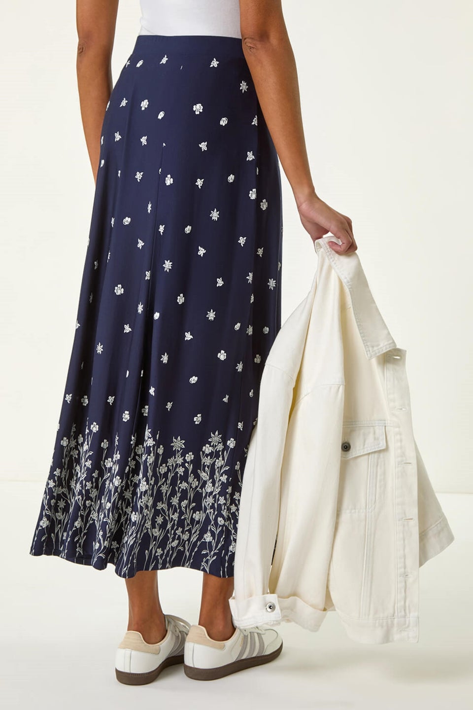 Roman Navy Floral Border Print Stretch Skirt