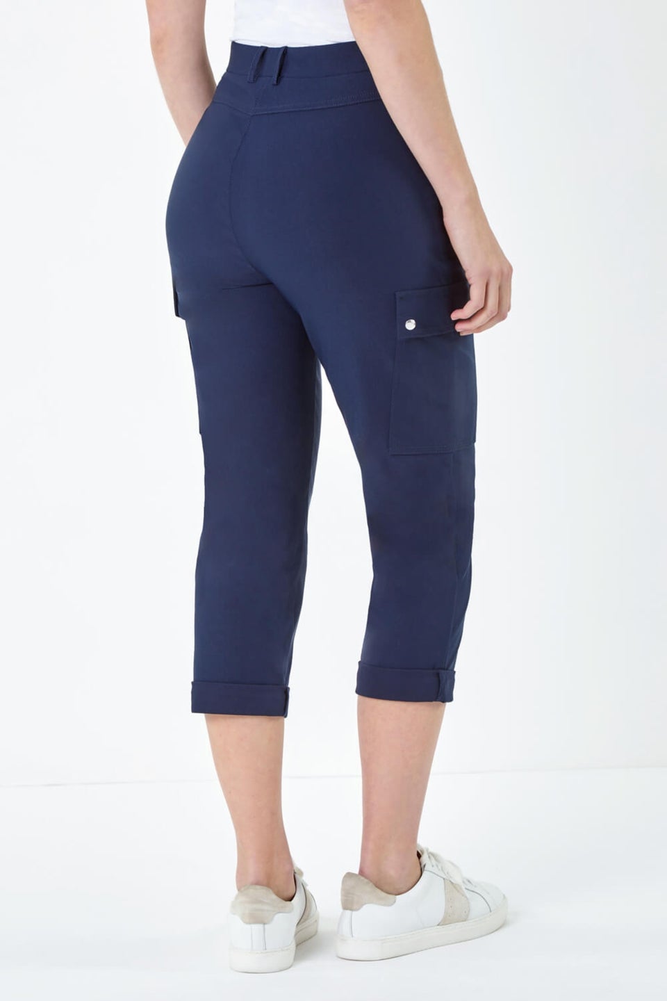 Roman Navy Elastic Waist Turn Up Stretch Cargo Trousers