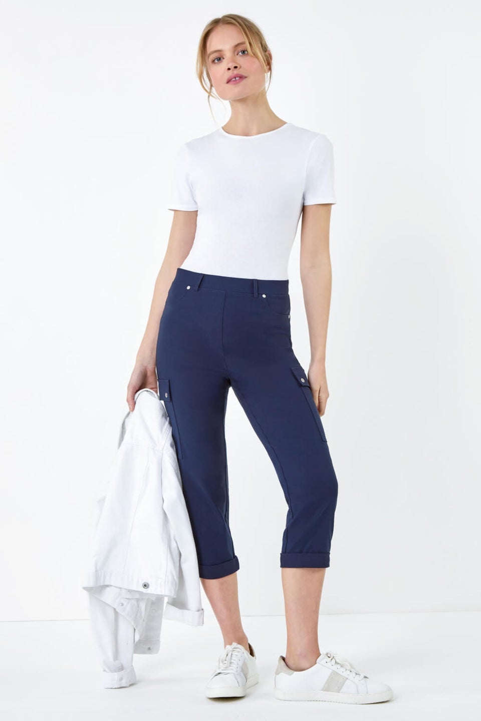 Roman Navy Elastic Waist Turn Up Stretch Cargo Trousers