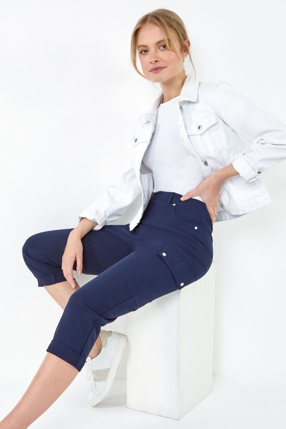 Roman Navy Elastic Waist Turn Up Stretch Cargo Trousers