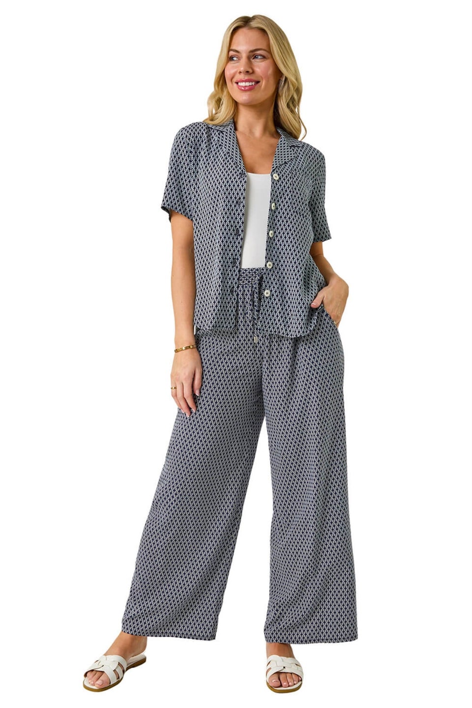 Roman Navy Petite Geometric Wide Leg Trouser