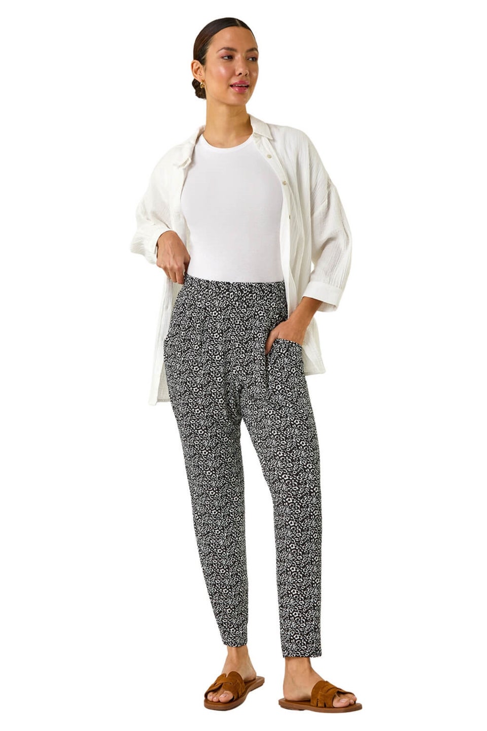 Roman Black Animal Print Hareem Stretch Straight Trouser