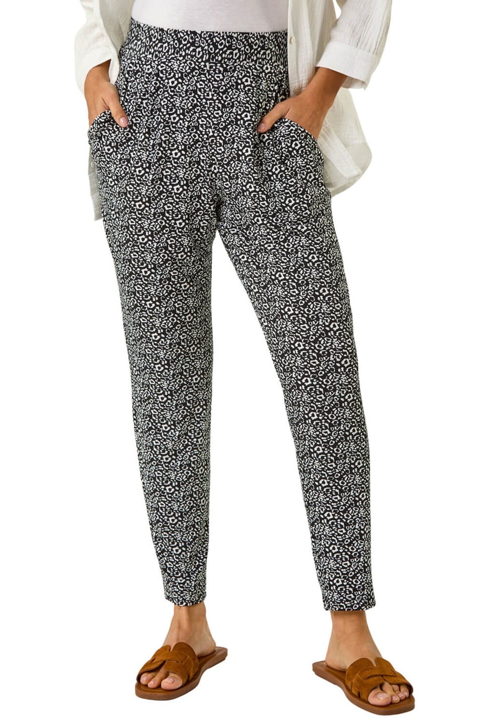 Roman Black Animal Print Hareem Stretch Straight Trouser