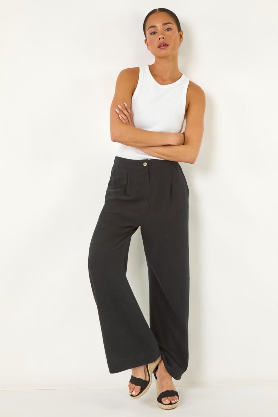 Roman Black Petite Smart Linen Mix Trousers