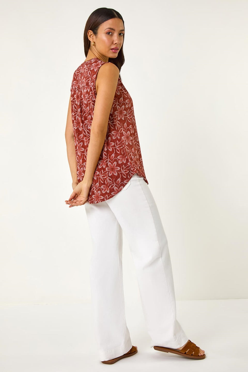 Roman Rust Leaf Print Button Vest Top
