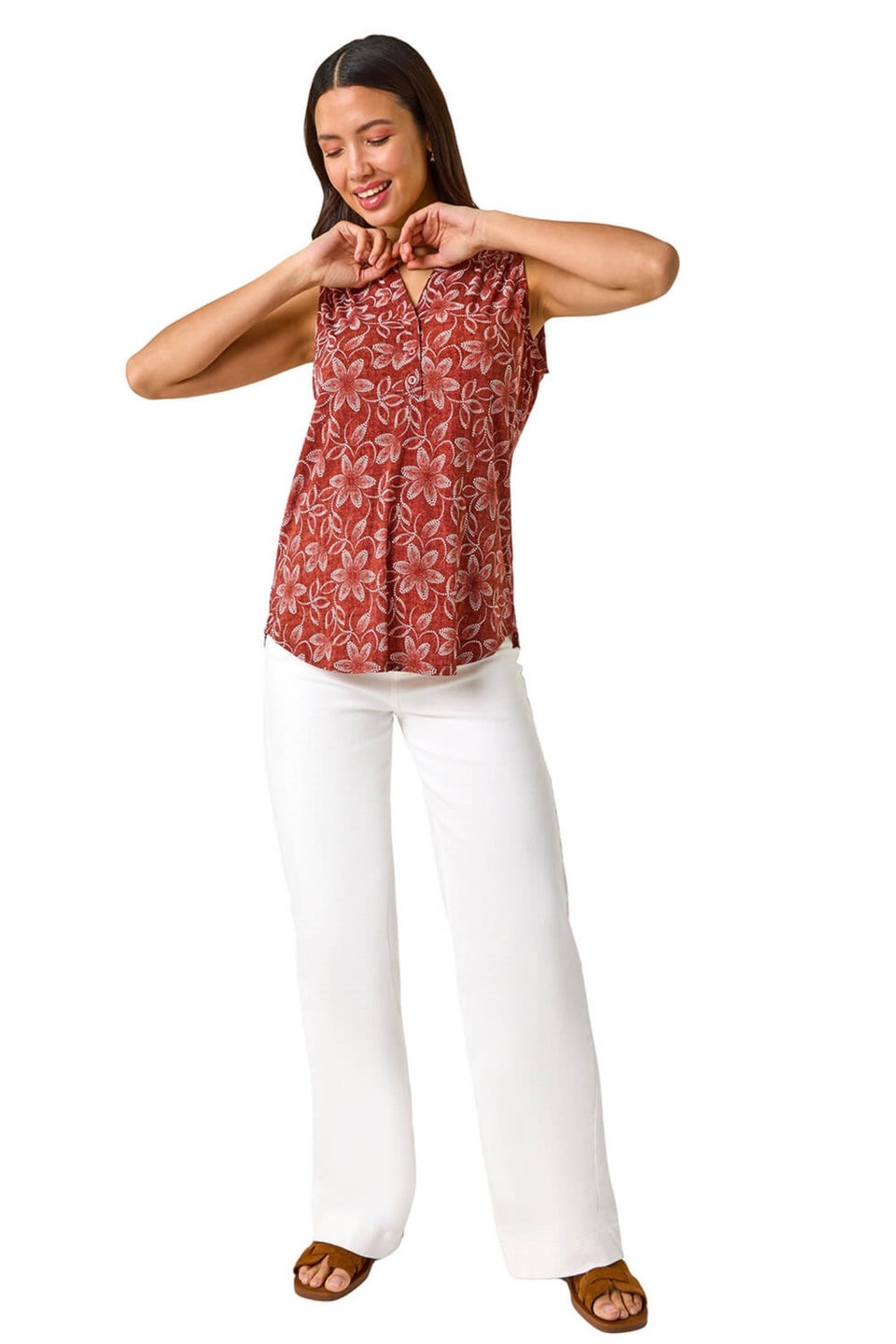 Roman Rust Leaf Print Button Vest Top