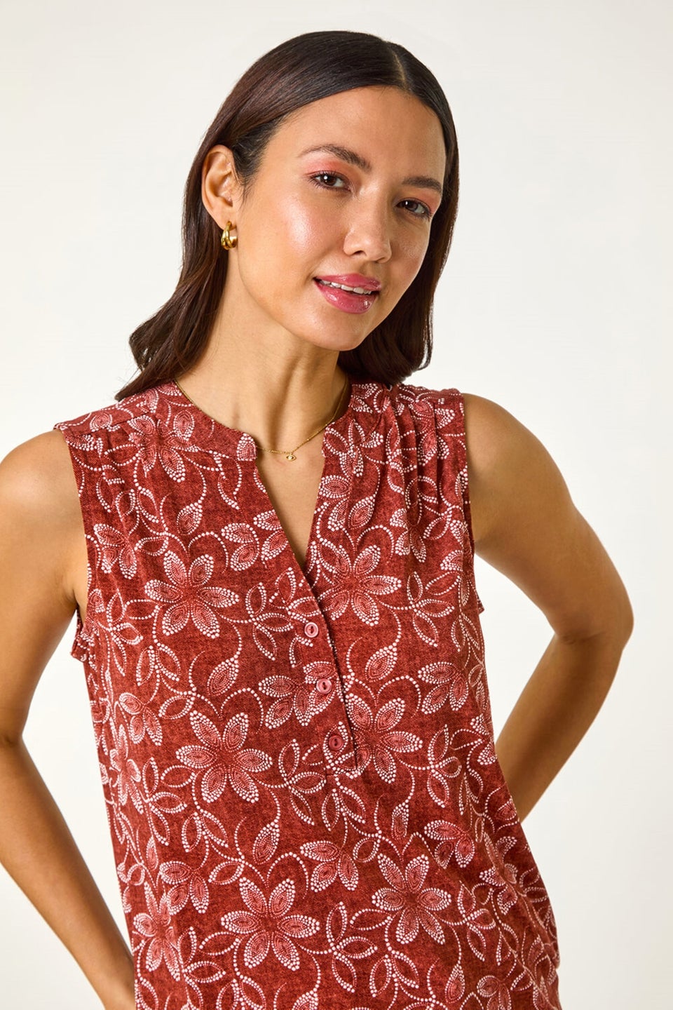 Roman Rust Leaf Print Button Vest Top