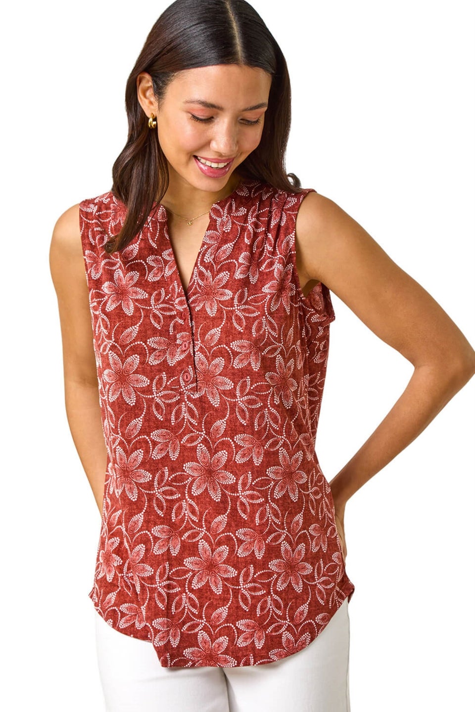 Roman Rust Leaf Print Button Vest Top
