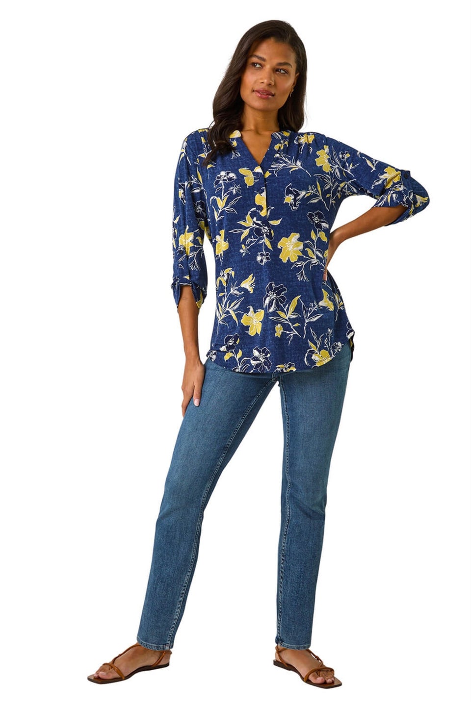 Roman Yellow Textured Floral Print V-Neck Stretch Shirt
