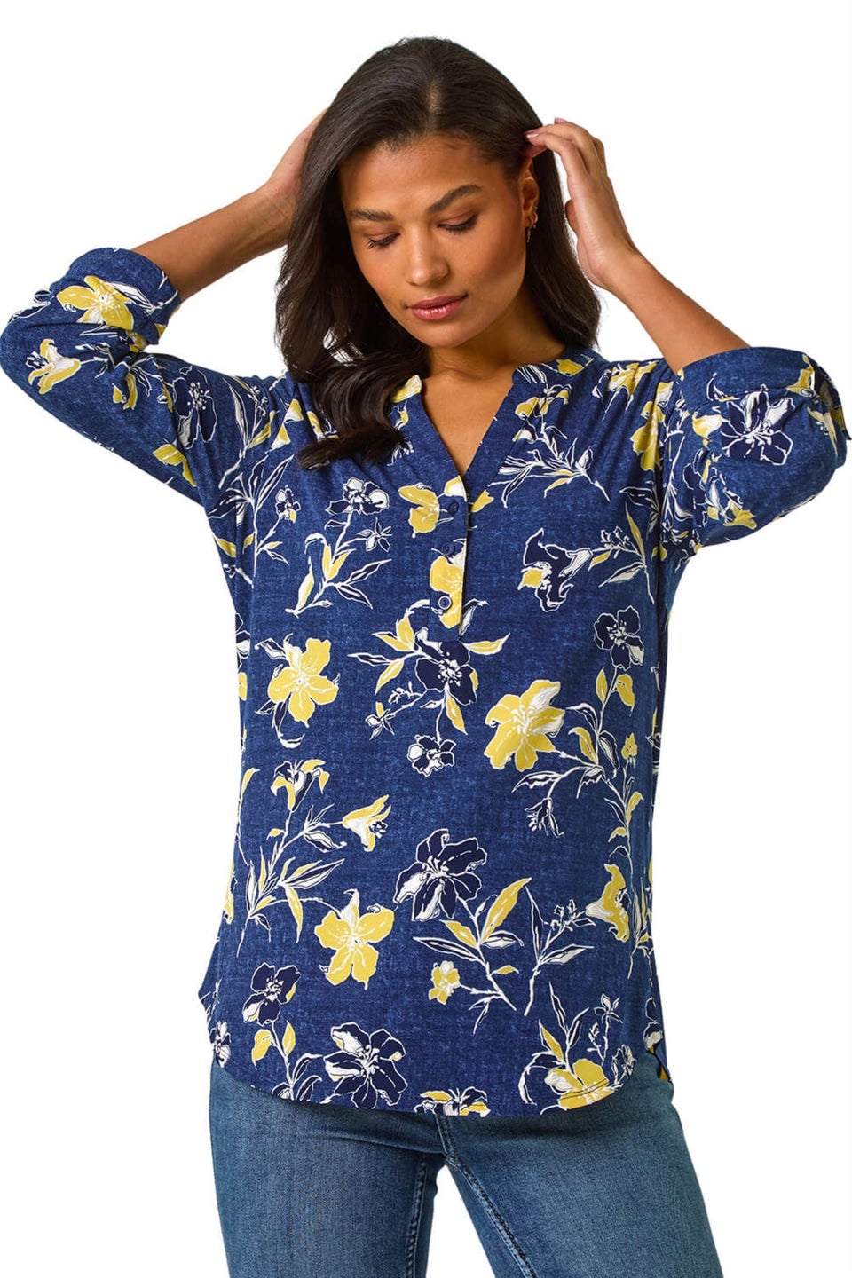 Roman Yellow Textured Floral Print V-Neck Stretch Shirt