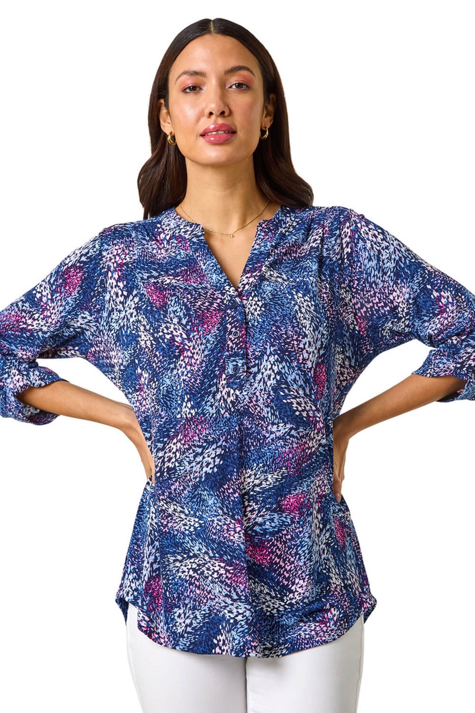Roman Pink Textured Abstract Print V-Neck Stretch Top