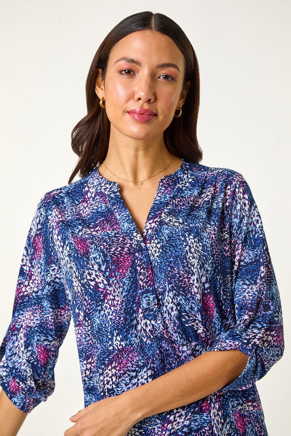 Roman Pink Textured Abstract Print V-Neck Stretch Top