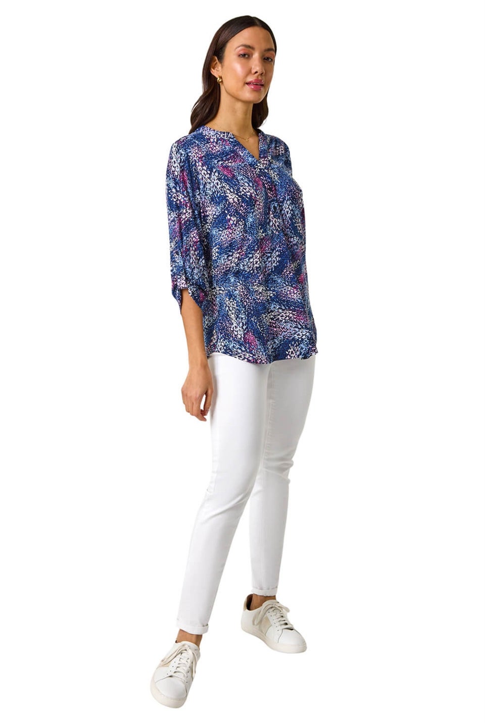 Roman Pink Textured Abstract Print V-Neck Stretch Top