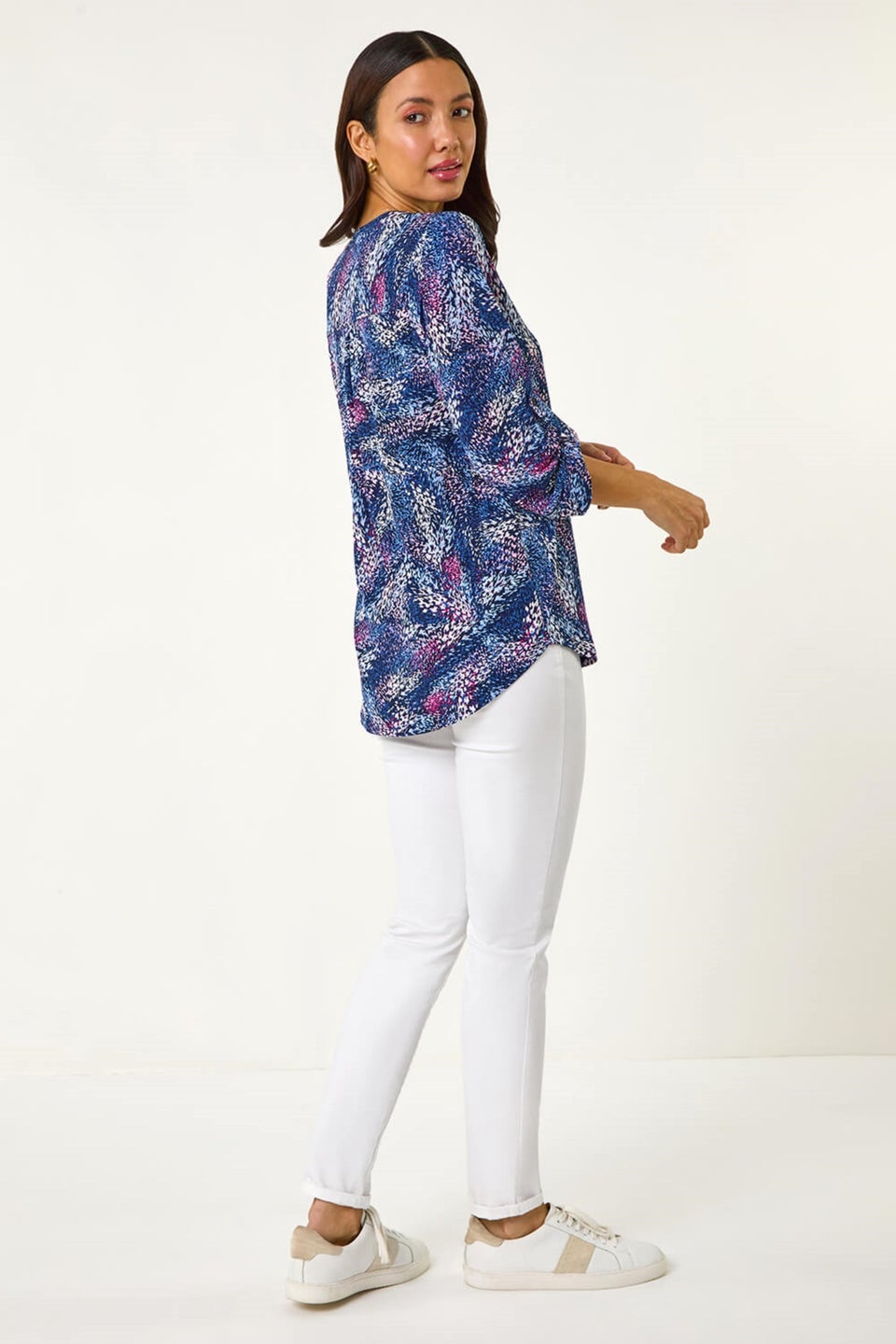 Roman Pink Textured Abstract Print V-Neck Stretch Top