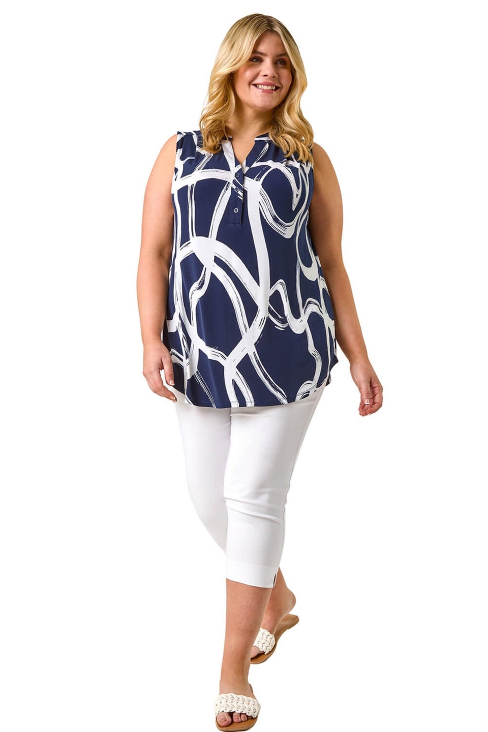 Roman Navy Curve Abstract Print Vest Top