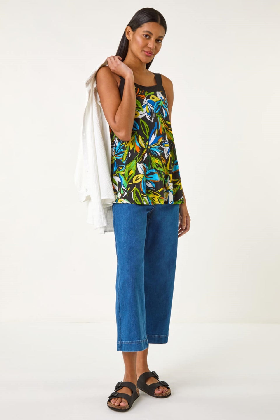 Roman Green Floral Print Cami Stretch Top
