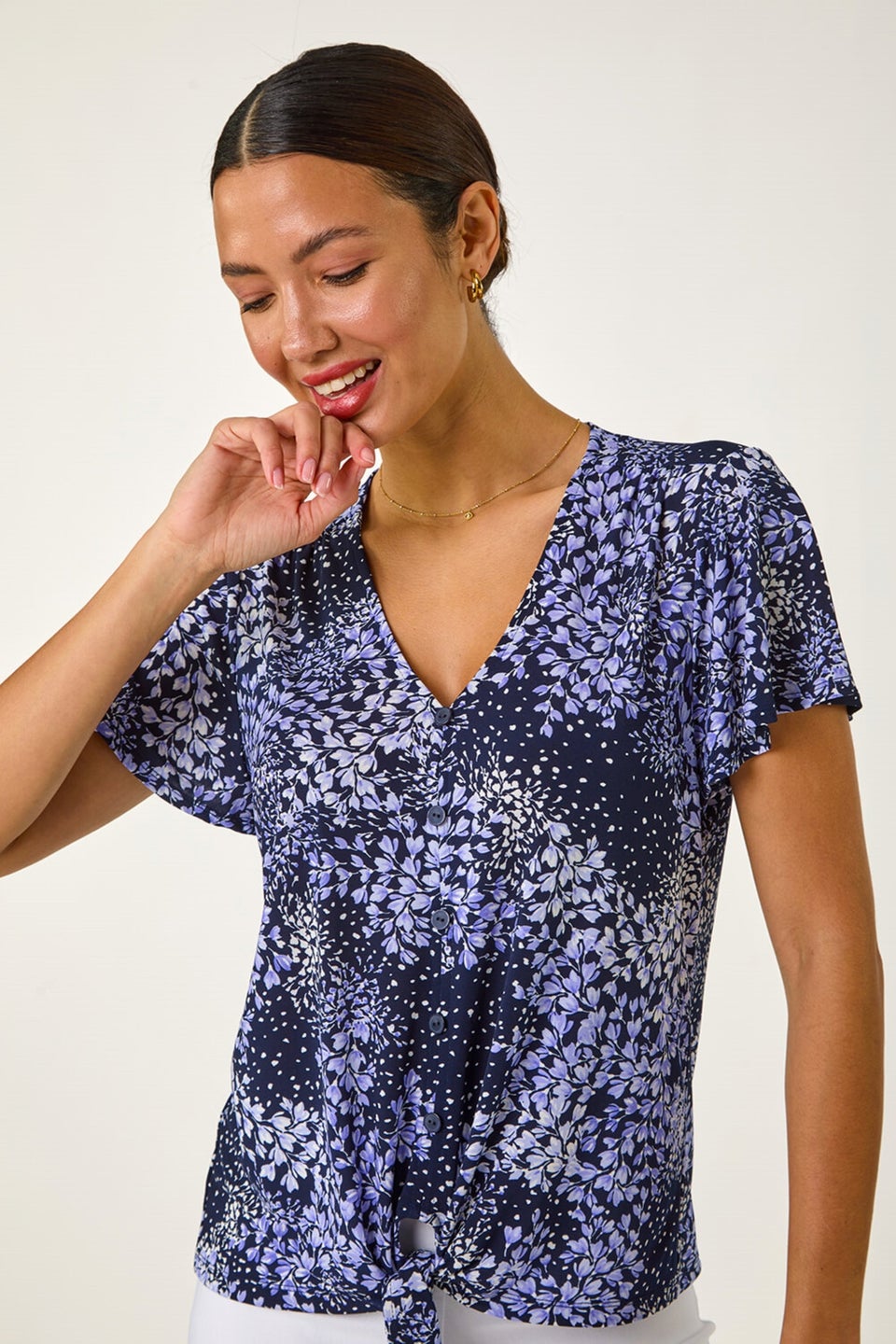 Roman Lilac Floral Print Tie Front Stretch Top