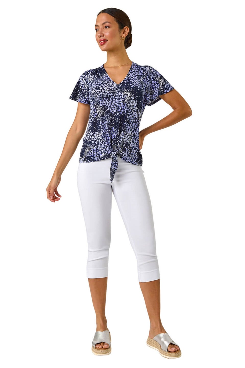 Roman Lilac Floral Print Tie Front Stretch Top