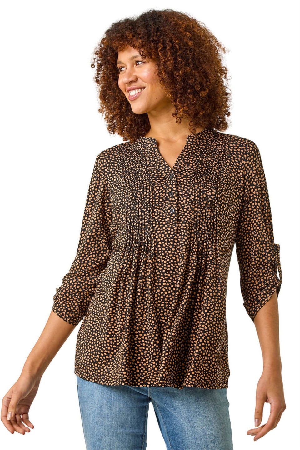 Roman Black Spot Print V-Neck Stretch Shirt