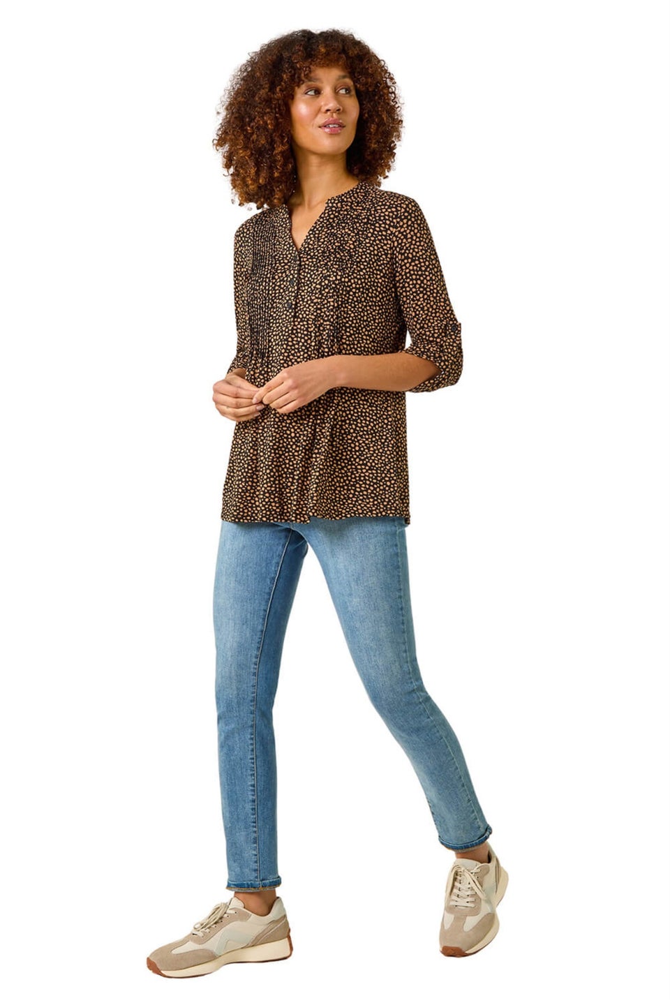 Roman Black Spot Print V-Neck Stretch Shirt