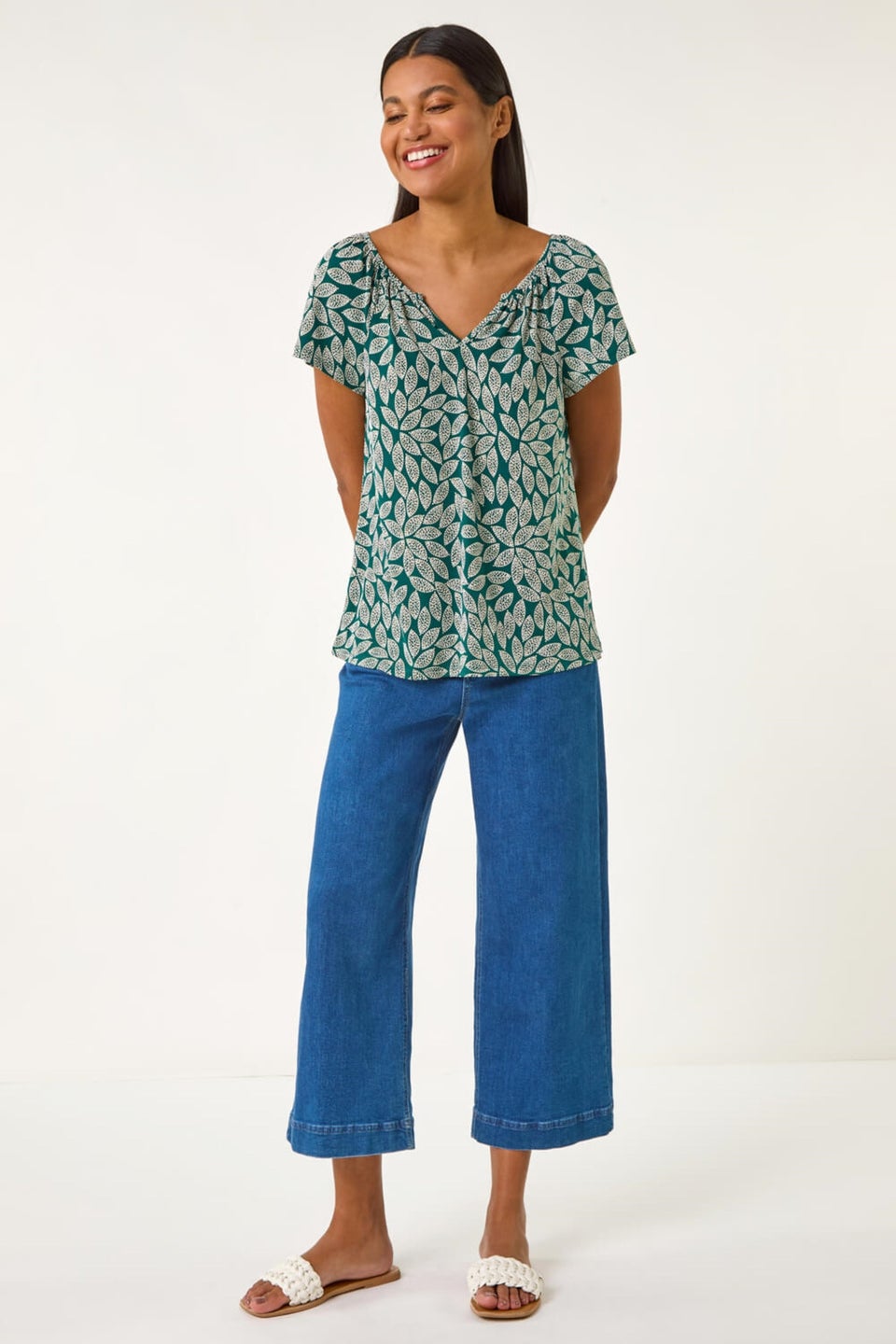 Roman Teal Textured Leaf Print Stretch Top