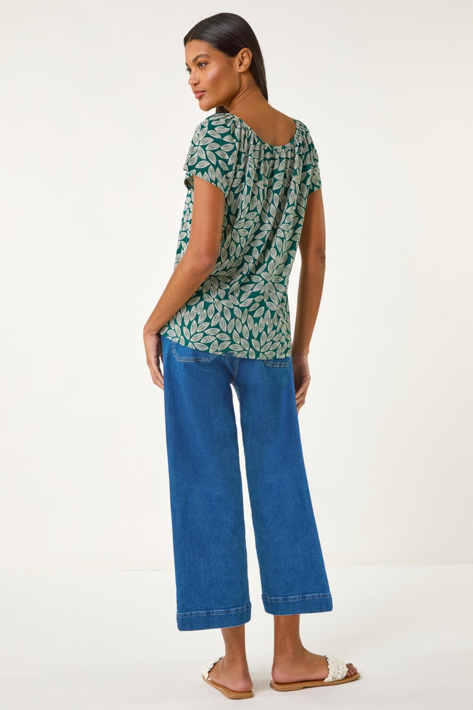 Roman Teal Textured Leaf Print Stretch Top