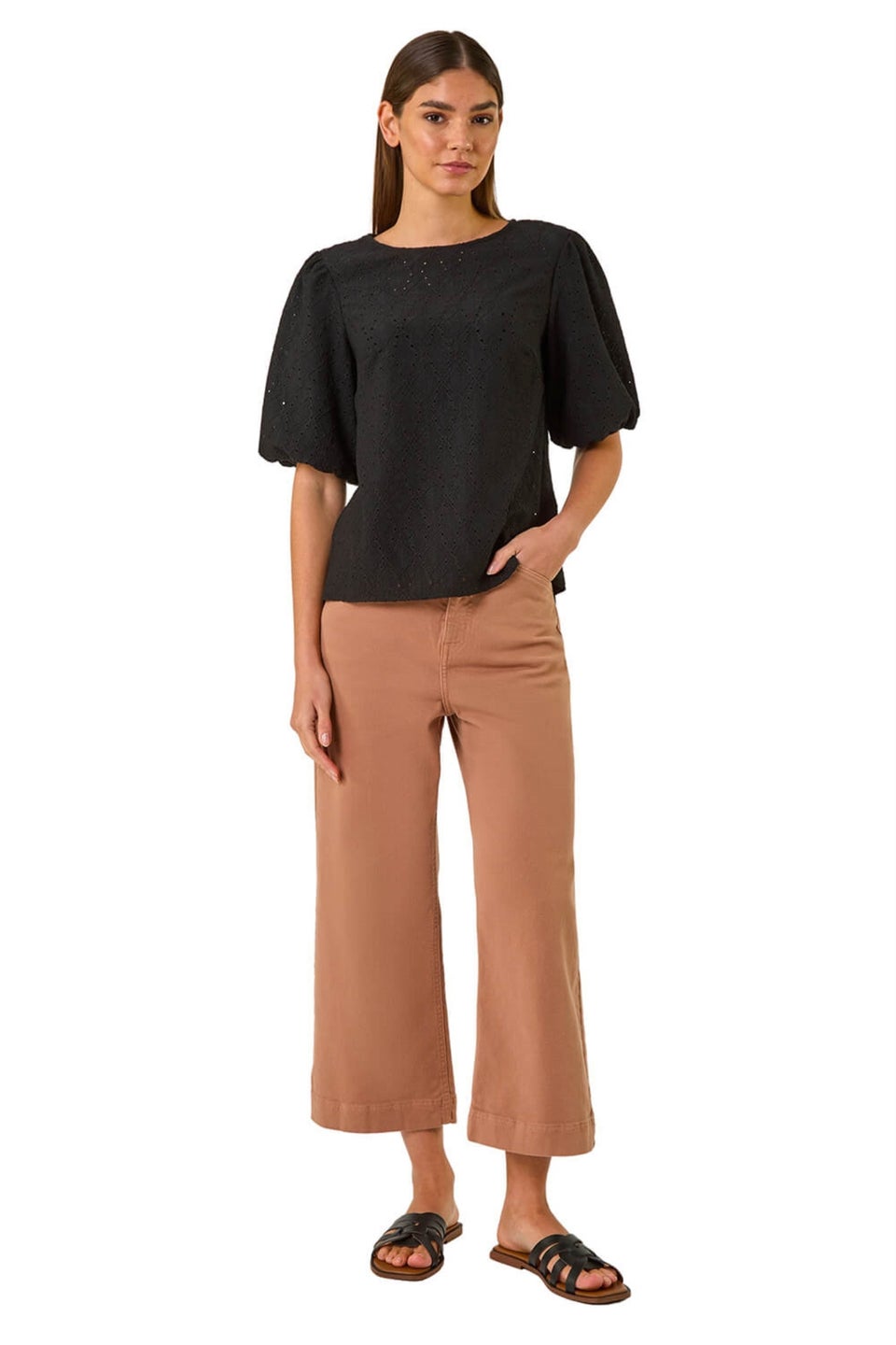 Roman Black Broderie Puff Sleeve Top