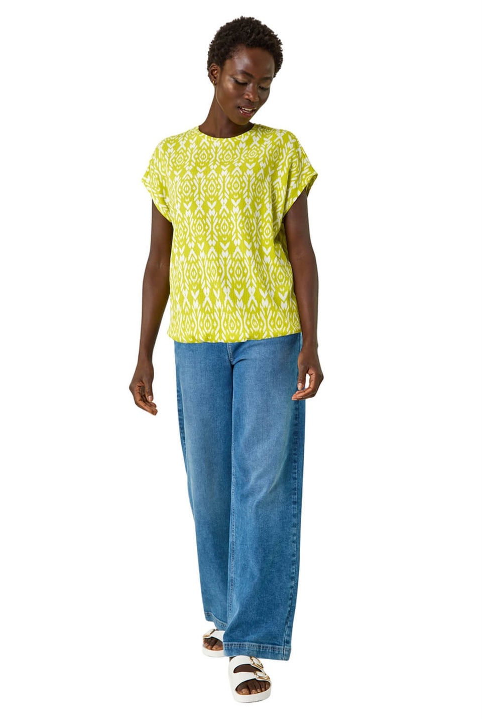 Roman Lime Ikat Print Bubble Hem Top