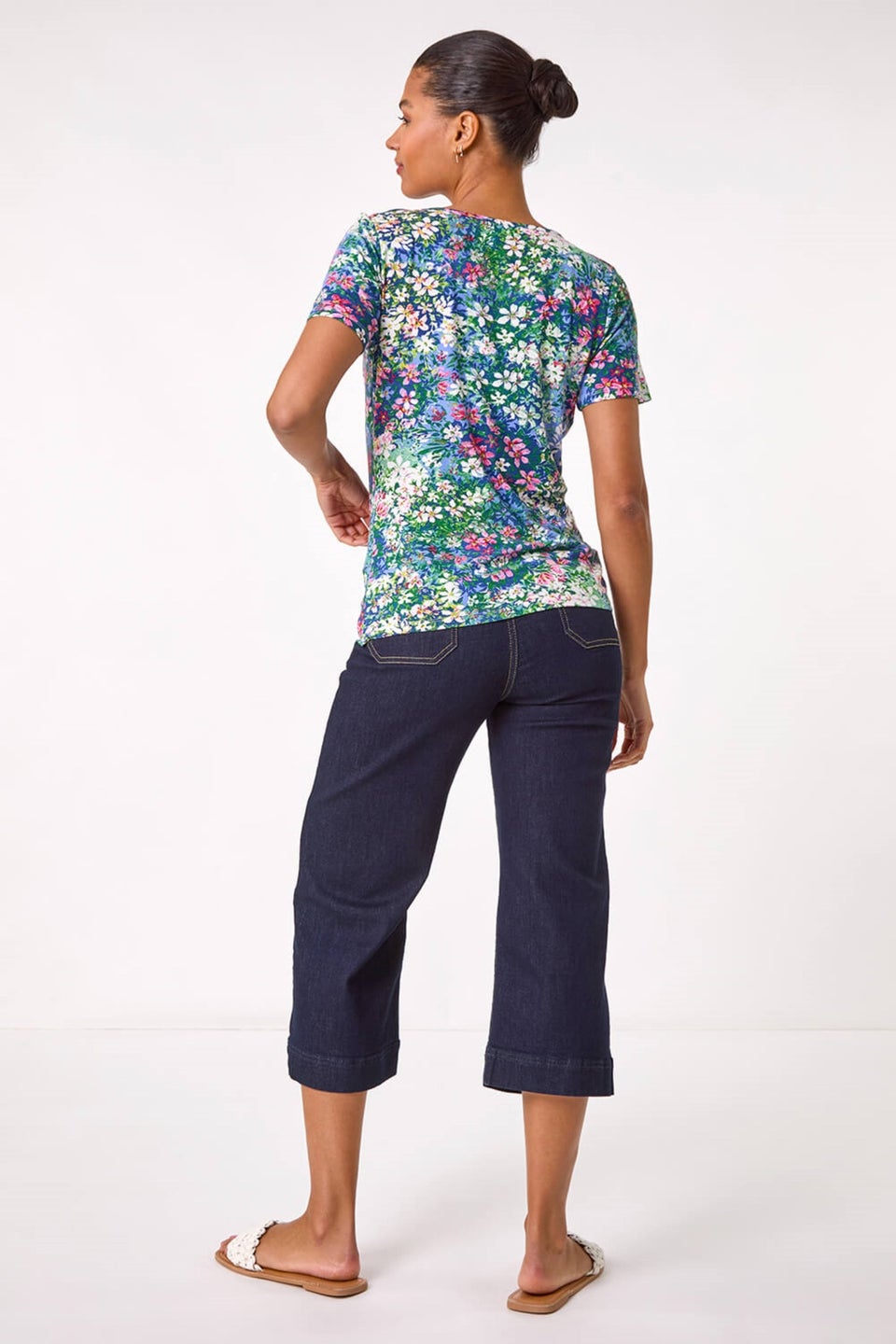 Roman Navy Floral Print Cowl Neck Stretch Top