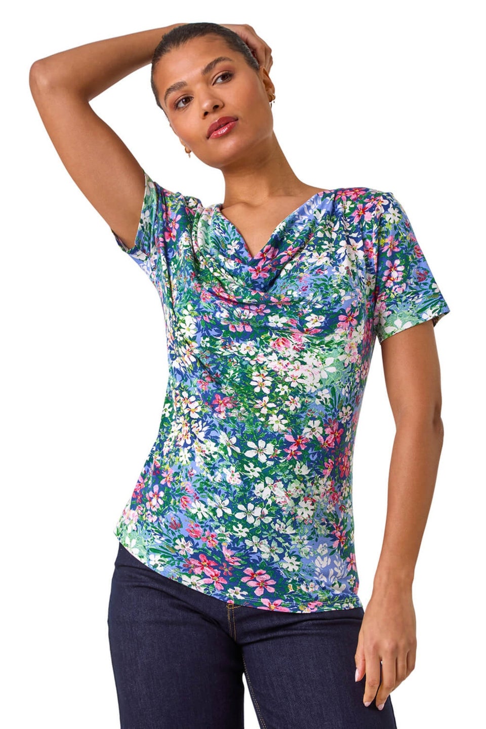 Roman Navy Floral Print Cowl Neck Stretch Top