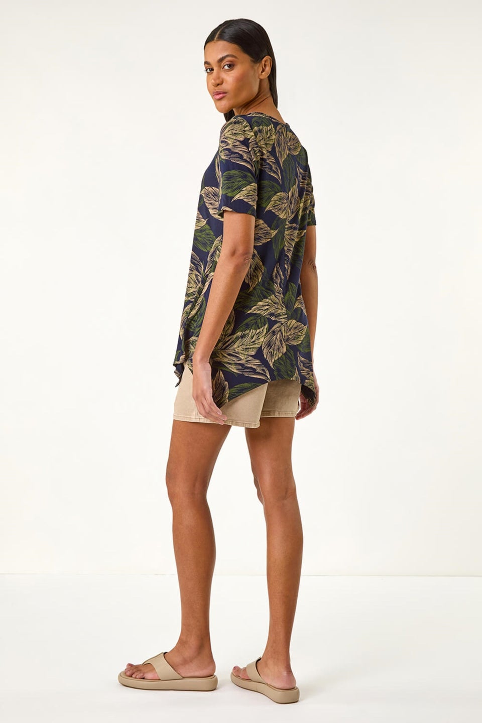 Roman Navy Leaf Print Hanky Hem Tunic Top