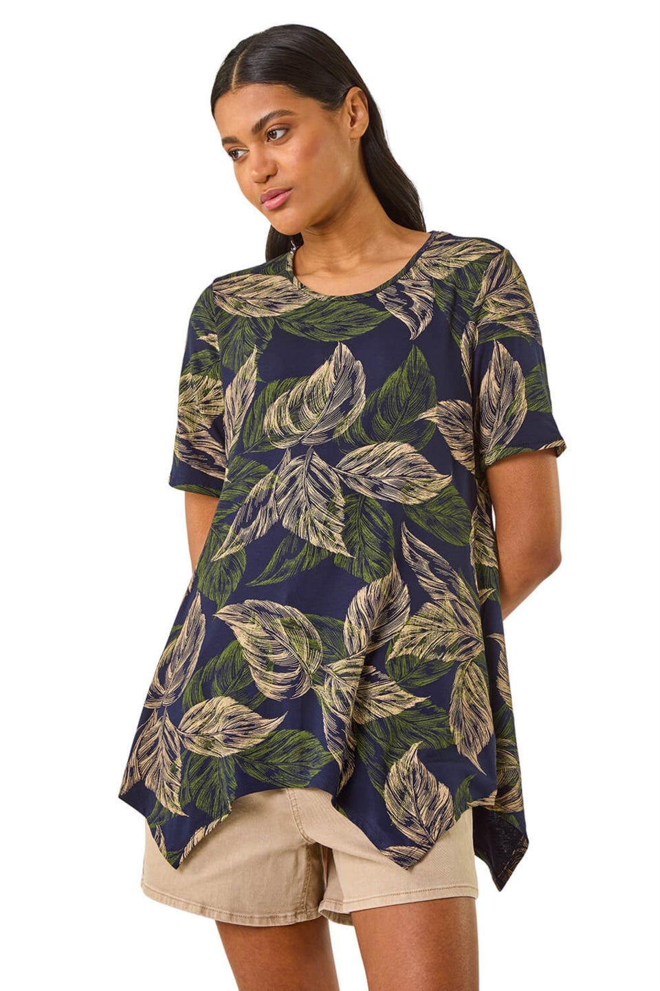 Roman Navy Leaf Print Hanky Hem Tunic Top