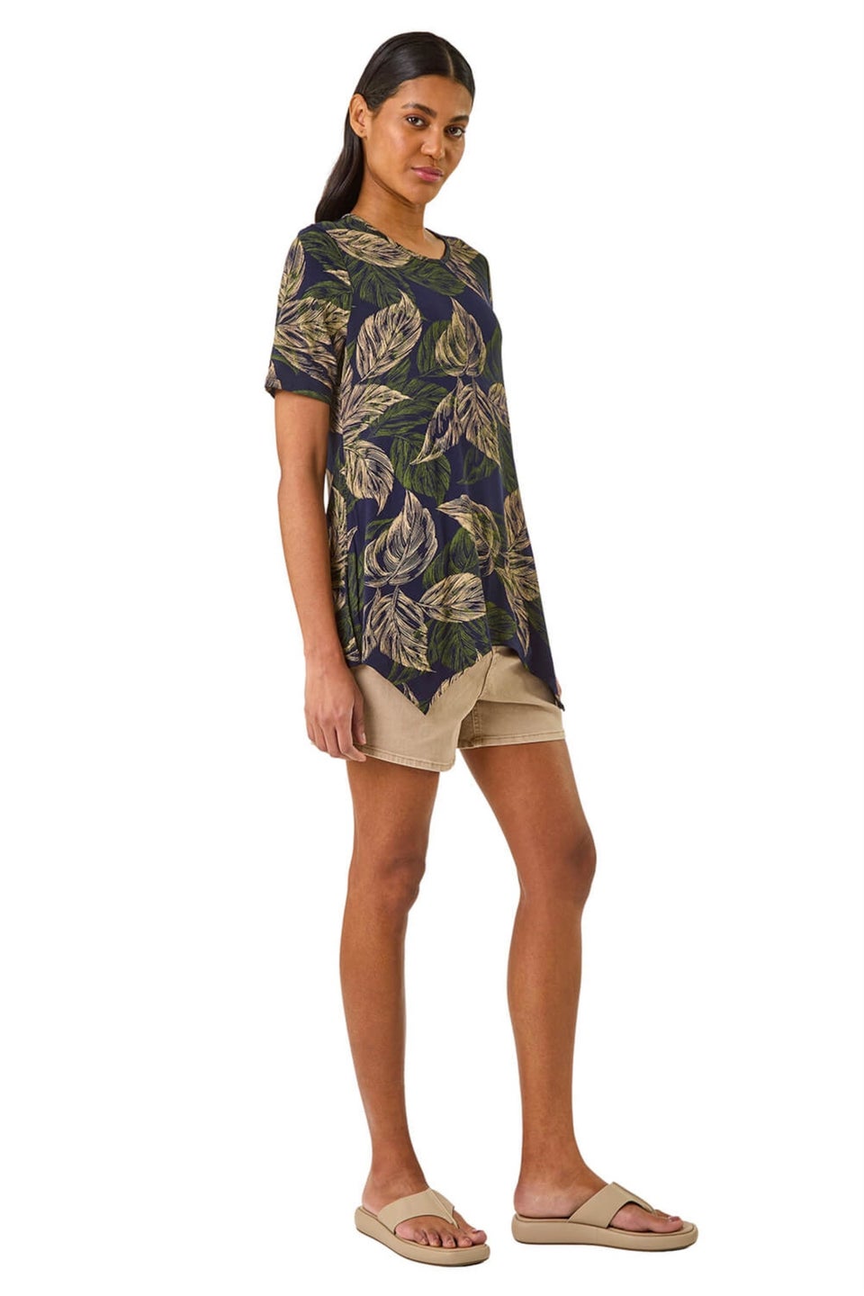 Roman Navy Leaf Print Hanky Hem Tunic Top