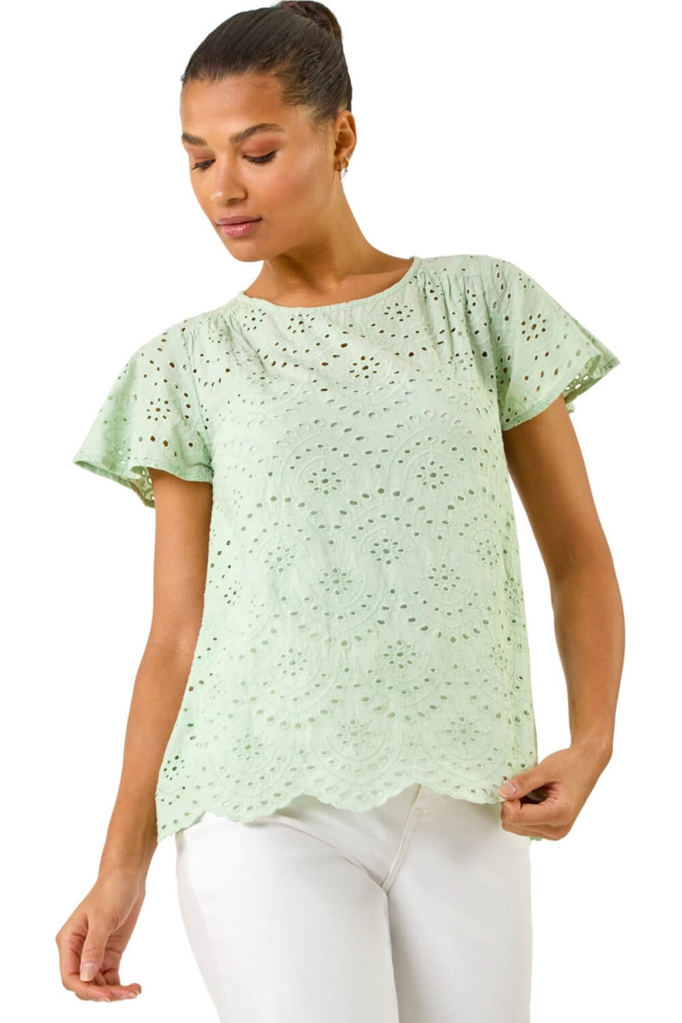 Roman Green Broderie Short Sleeve Top