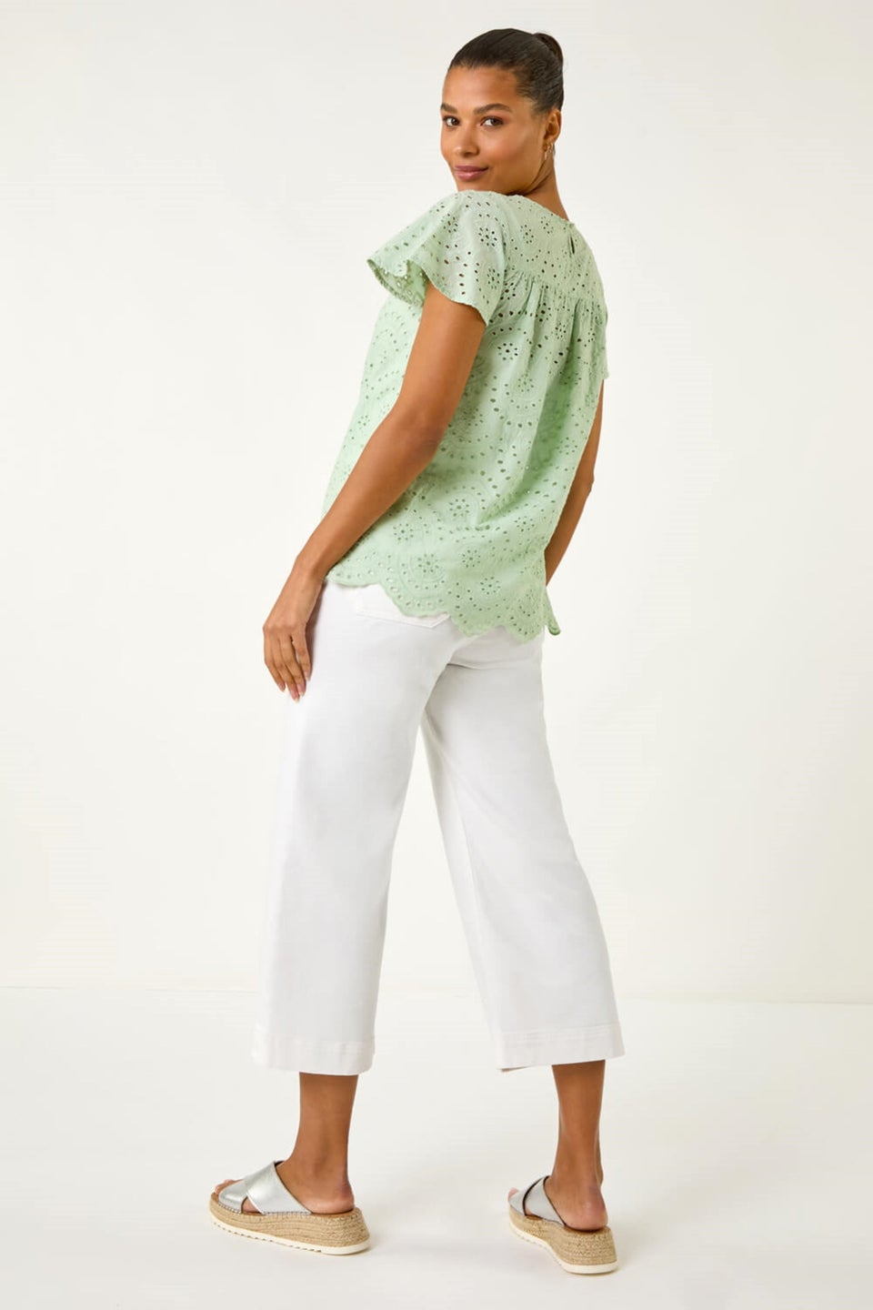 Roman Green Broderie Short Sleeve Top