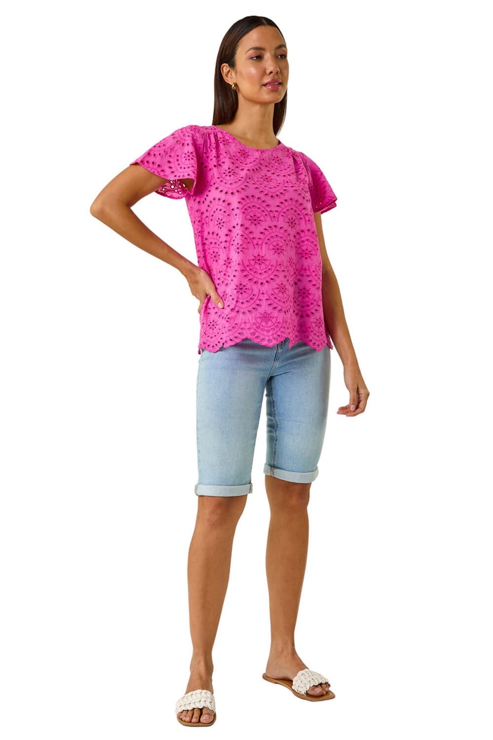 Roman Pink Broderie Short Sleeve Top