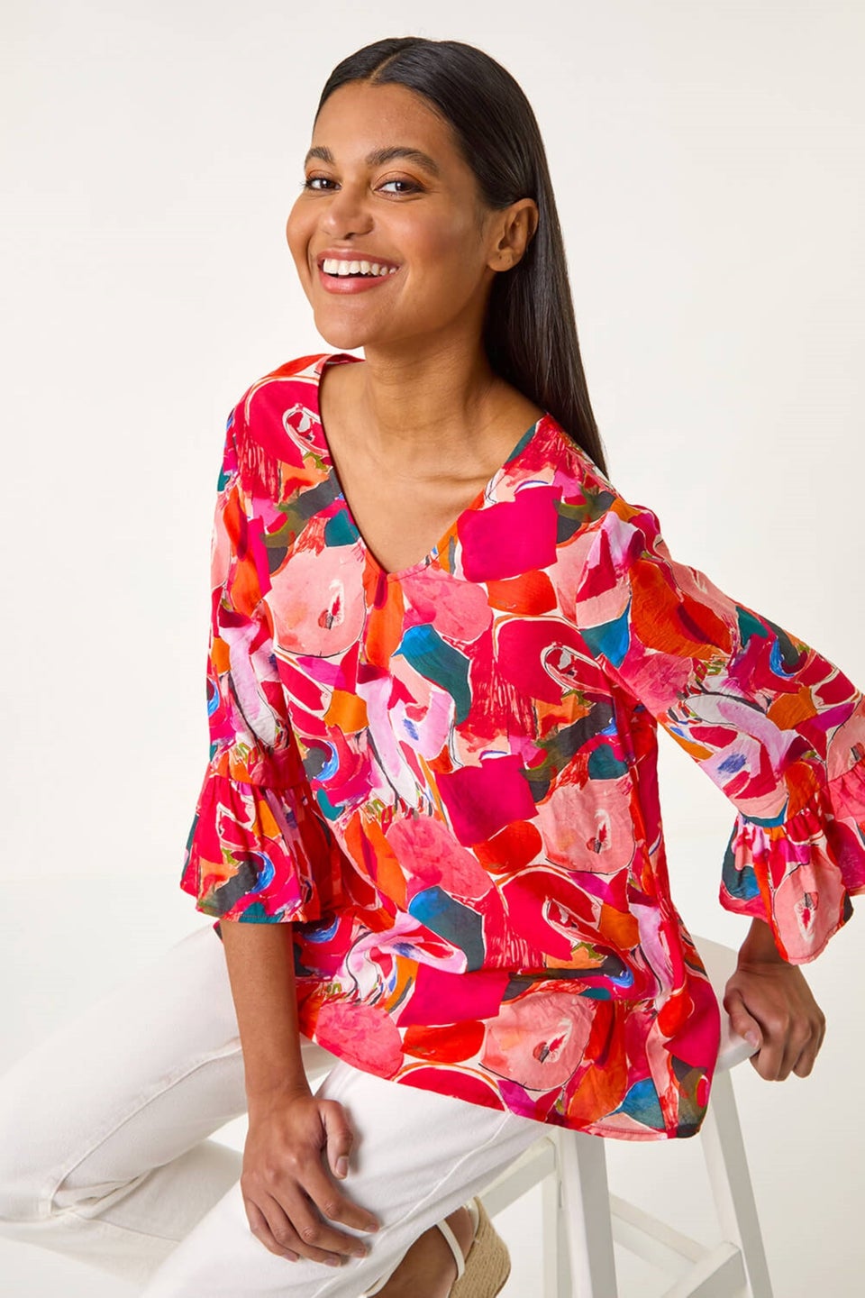 Roman Red Abstract Print Flare Sleeve Top