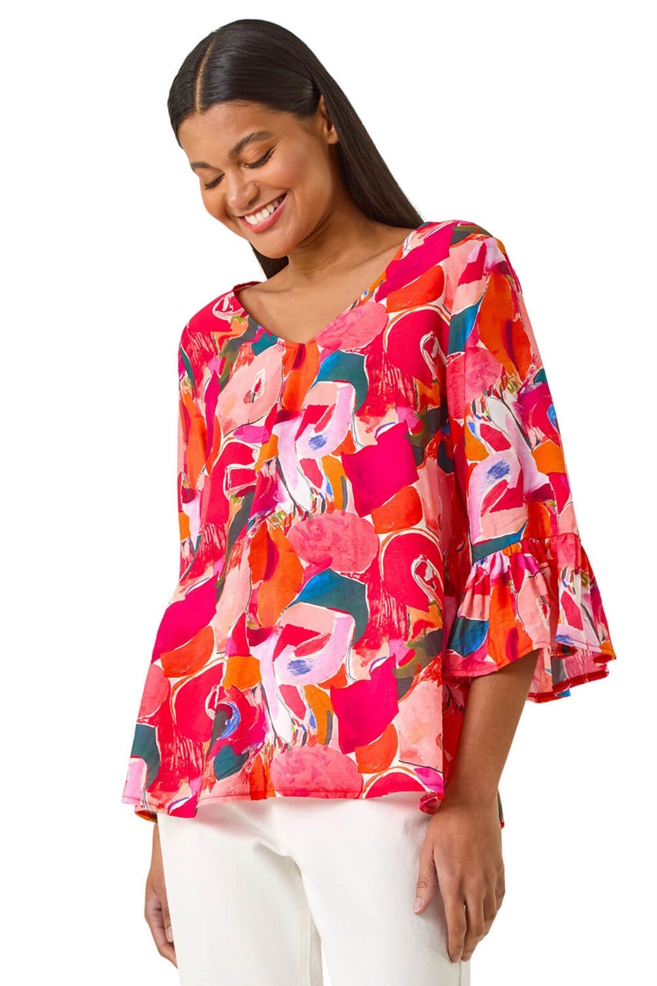 Roman Red Abstract Print Flare Sleeve Top