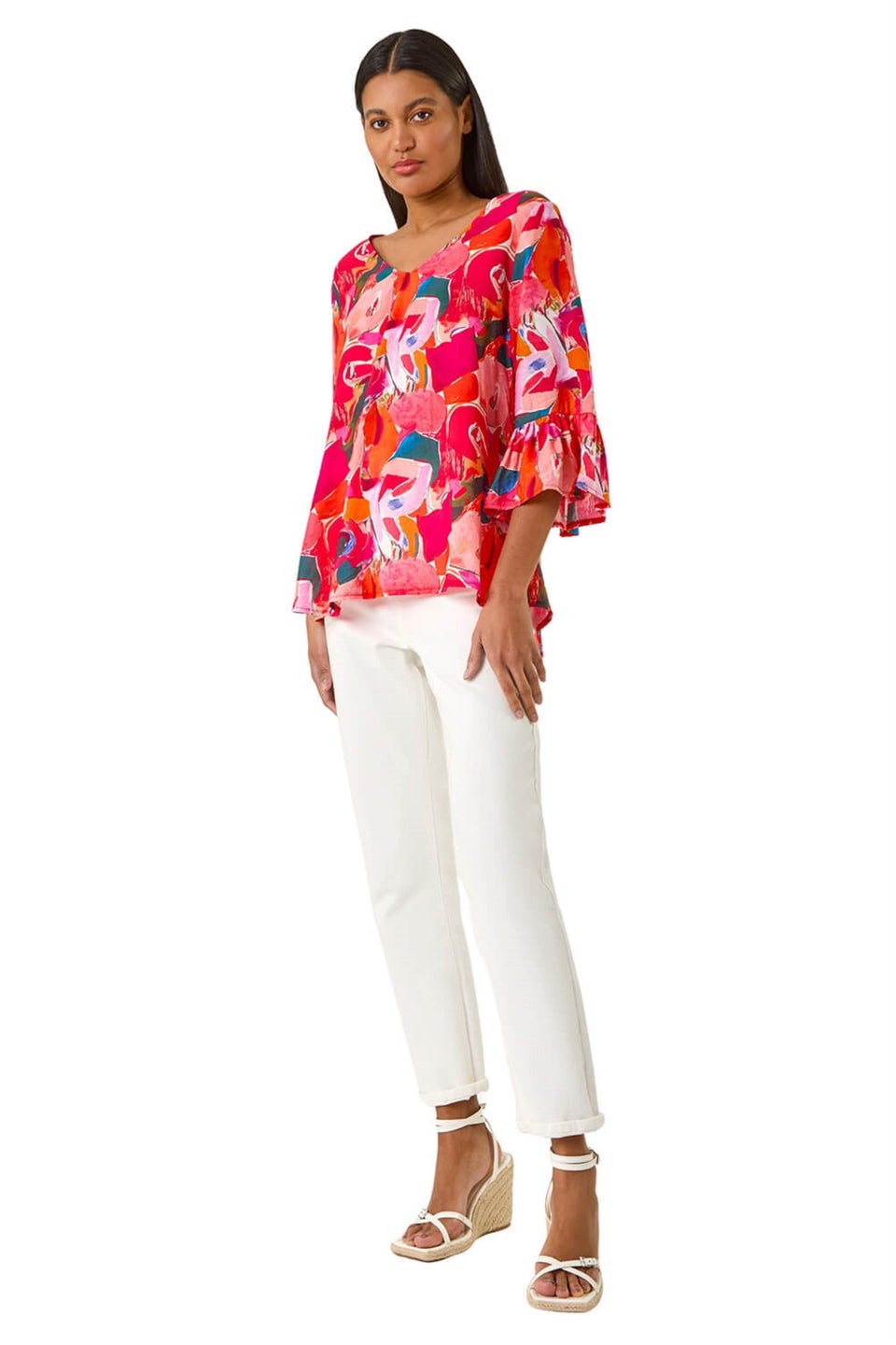 Roman Red Abstract Print Flare Sleeve Top