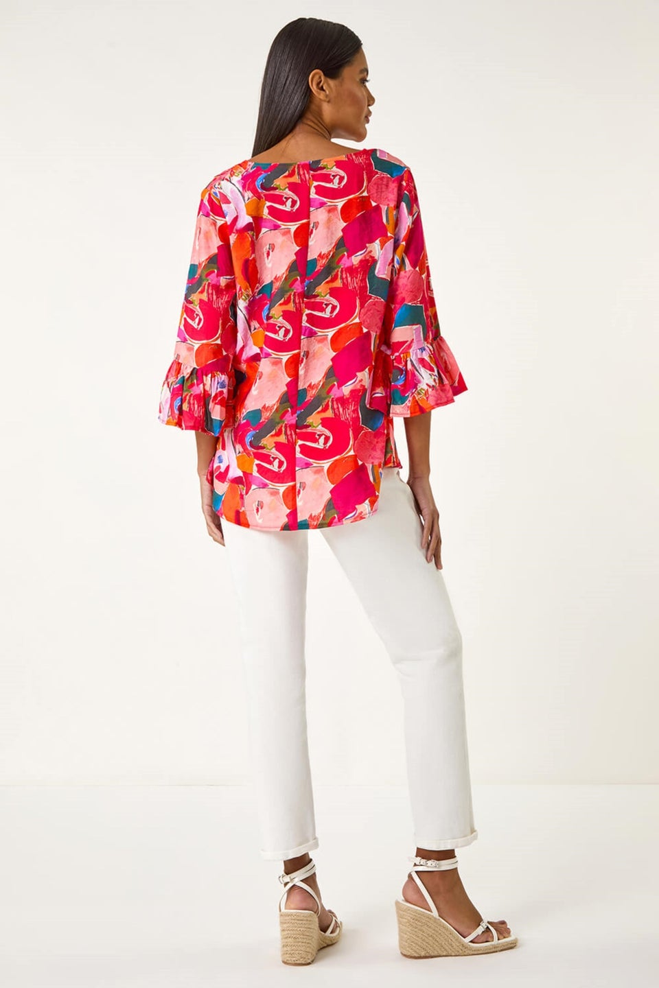 Roman Red Abstract Print Flare Sleeve Top