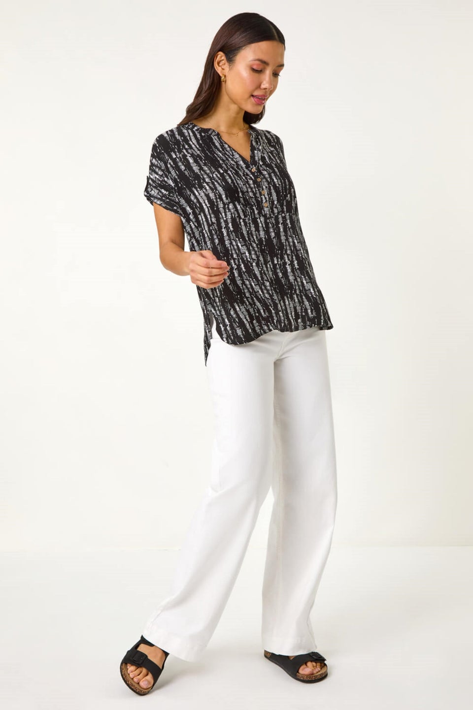 Roman Black Abstract Print V-Neck Button Top