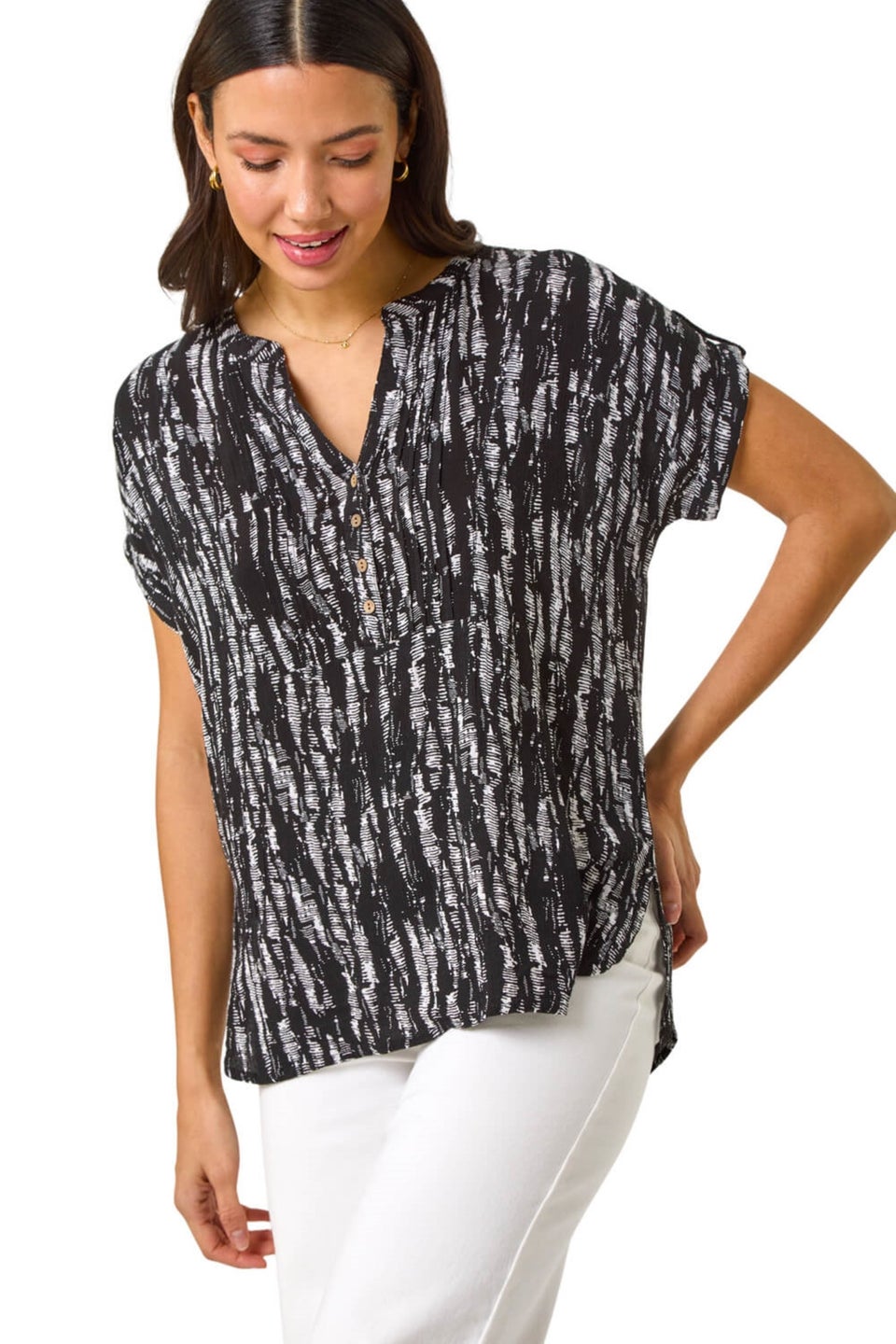 Roman Black Abstract Print V-Neck Button Top