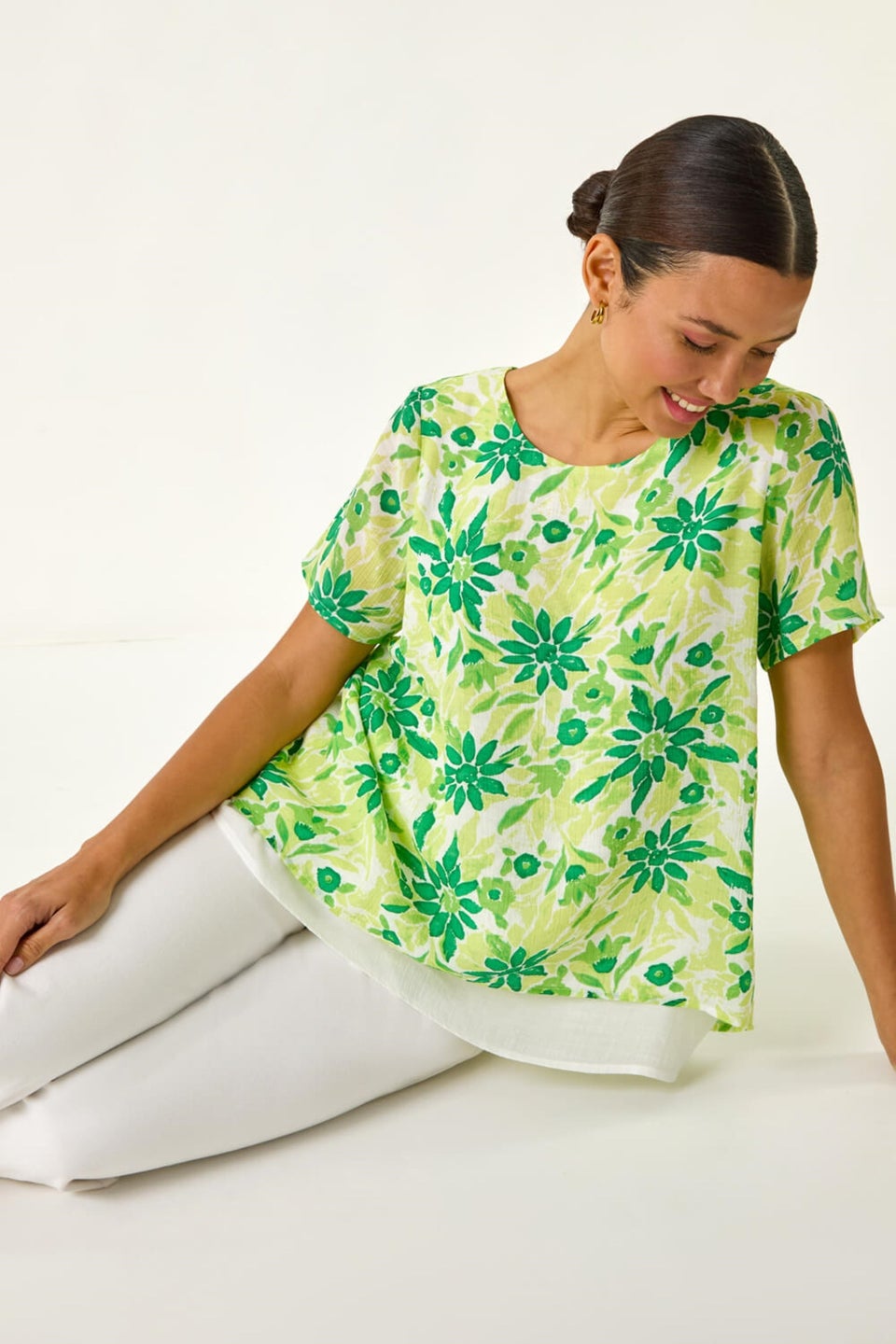 Roman Green Floral Layered Tunic Top