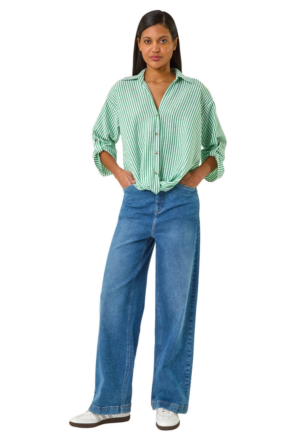 Roman Green Twisted Hem Striped Shirt