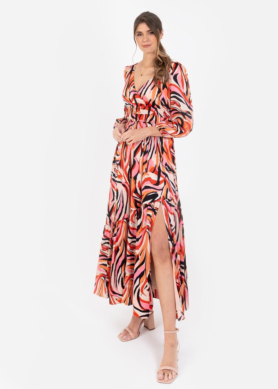 Lovedrobe Multi Long Sleeve Elasticated Satin Midi Dress