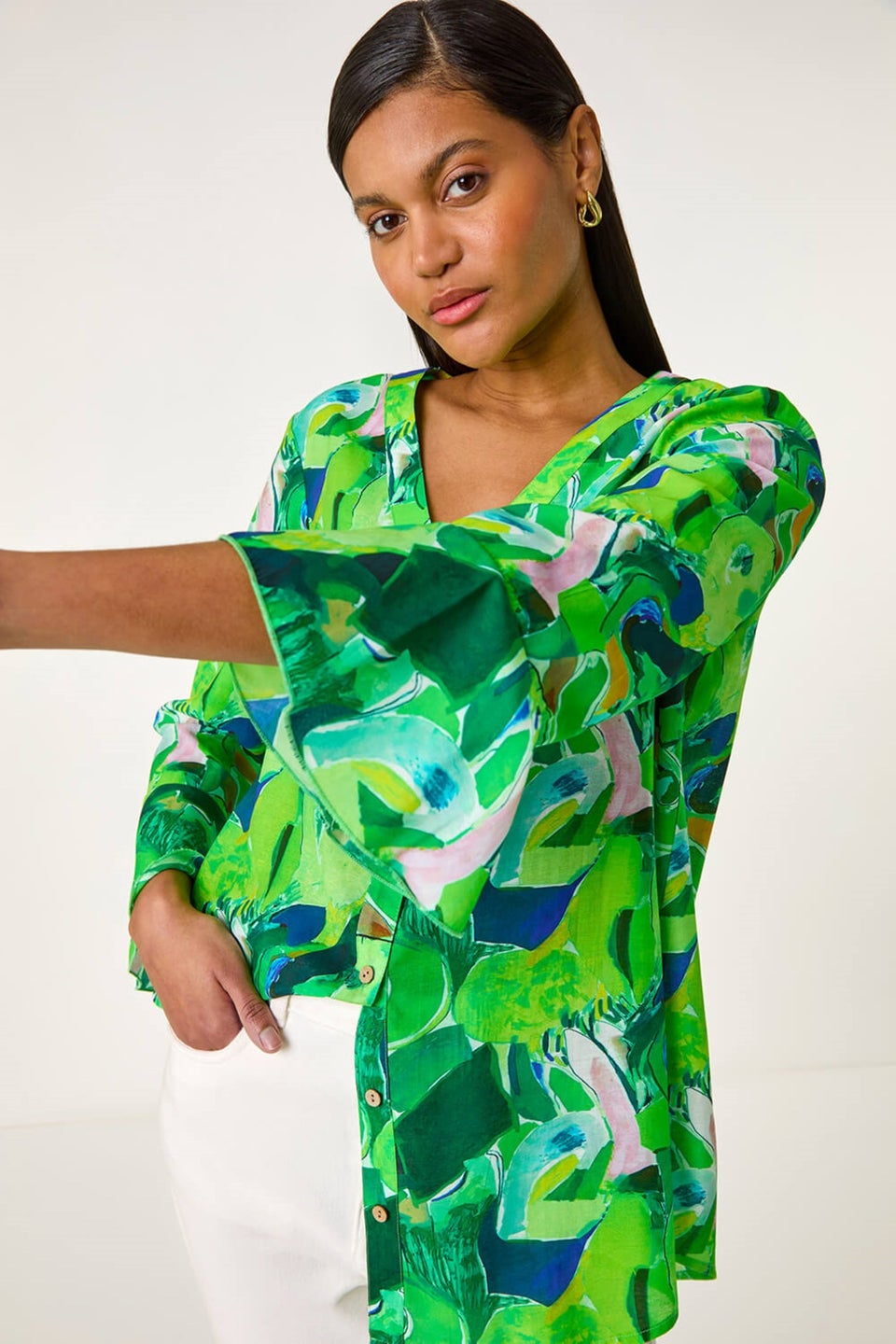 Roman Green Abstract Print Flared Blouse
