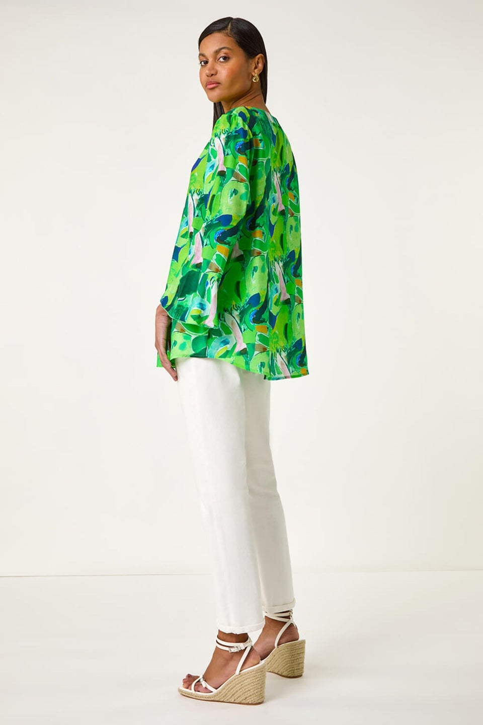 Roman Green Abstract Print Flared Blouse