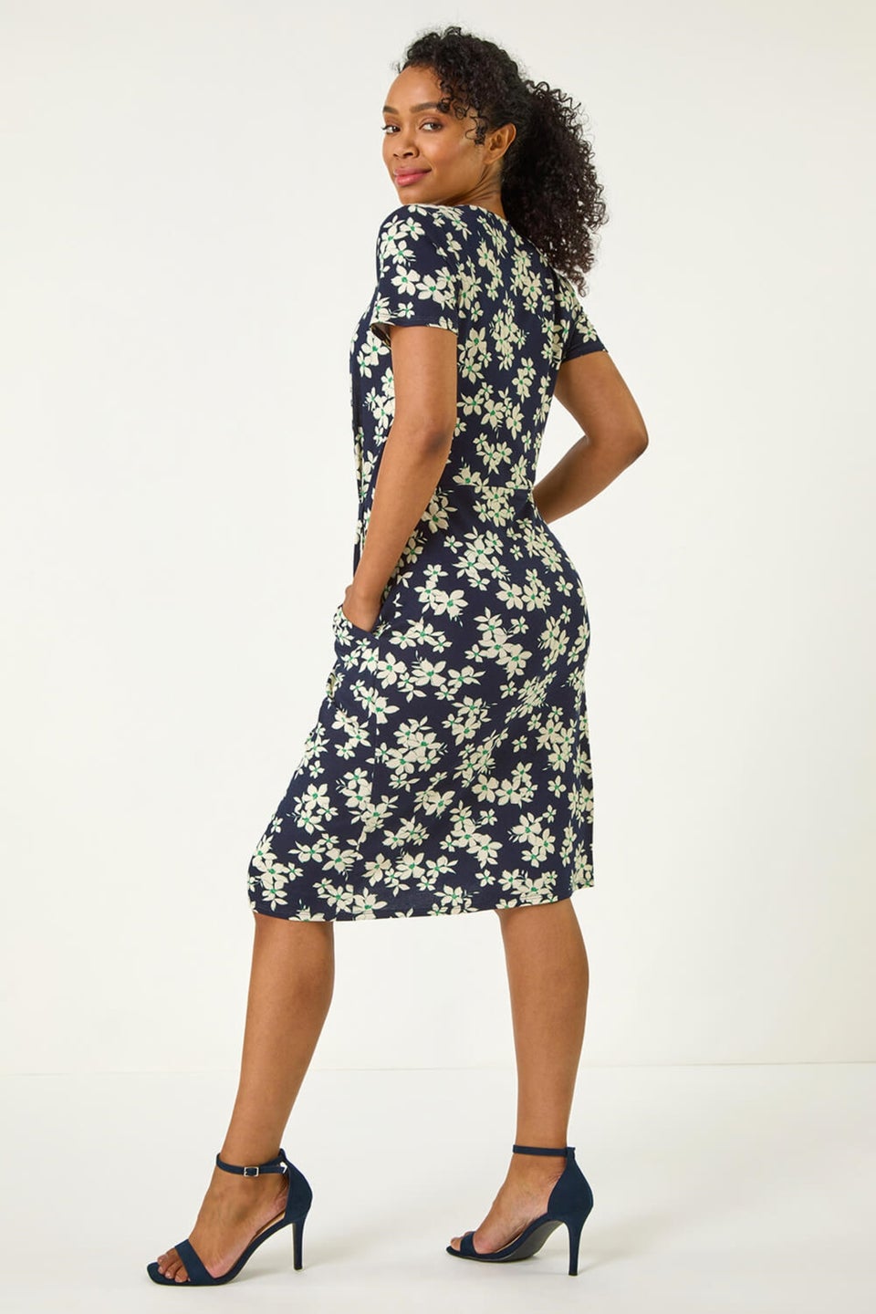 Roman Navy Petite Floral Print Pocket Stretch Dress