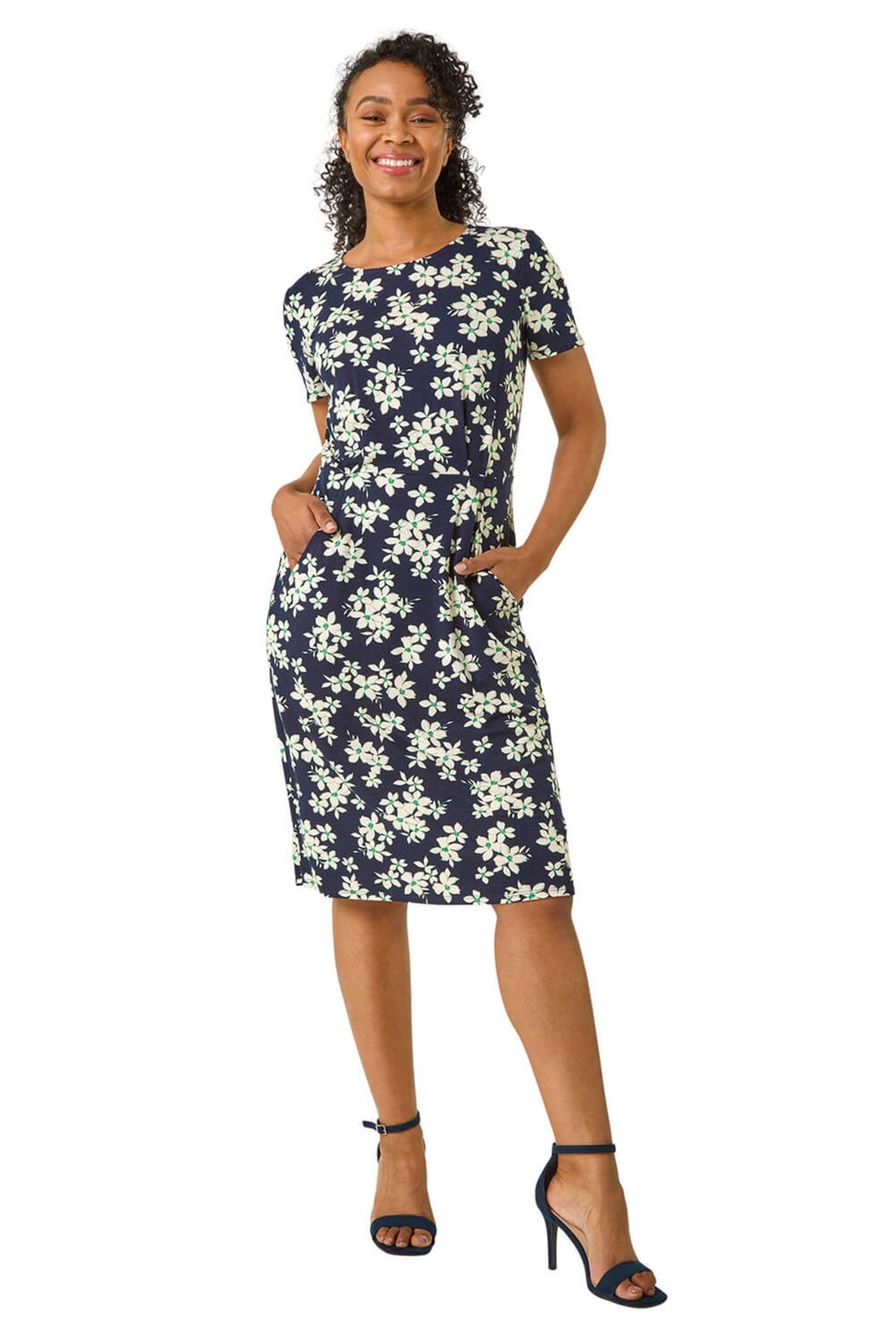 Roman Navy Petite Floral Print Pocket Stretch Dress