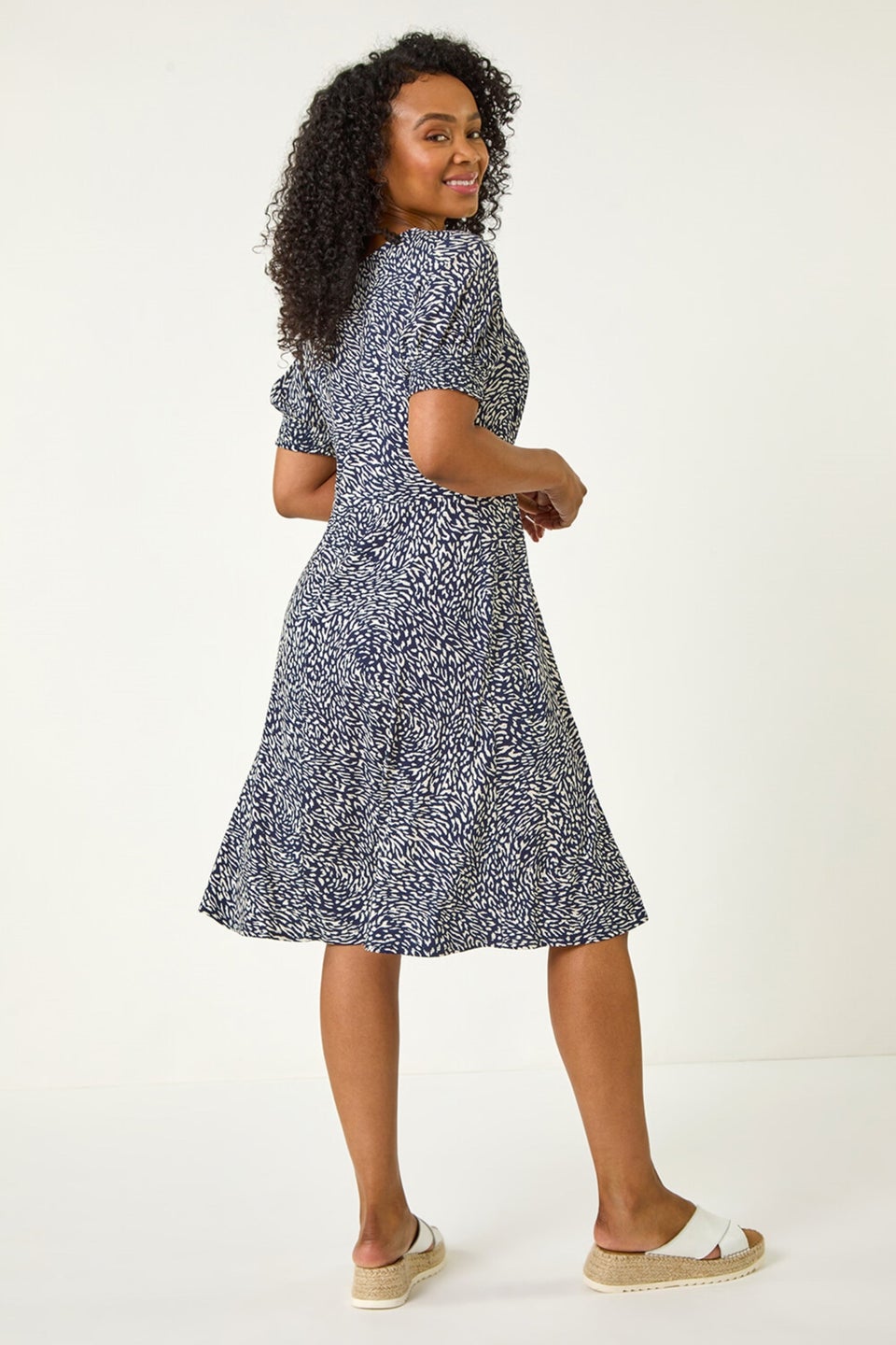 Roman Navy Petite Floral Print Shirred Stretch Dress
